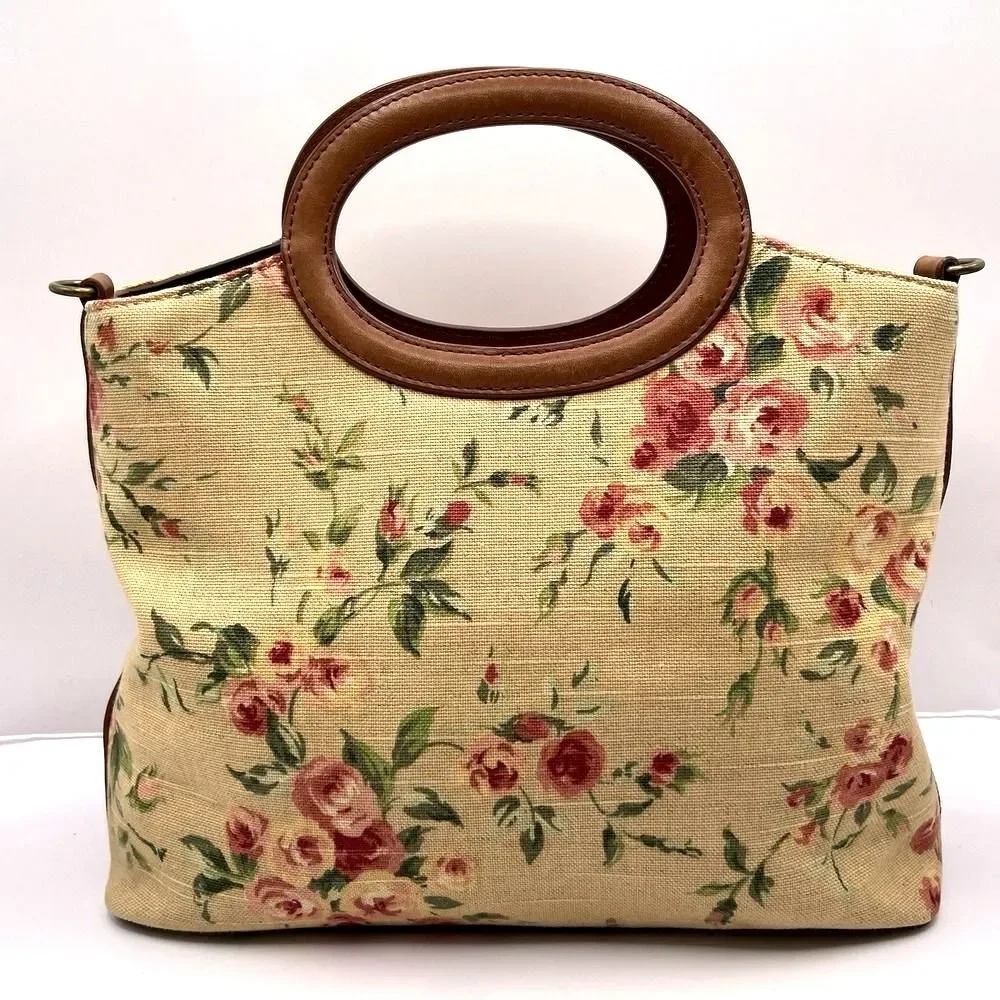 Fossil‎ Floral Canvas Top Handle Satchel Bag w/ Leather Trim & Strap